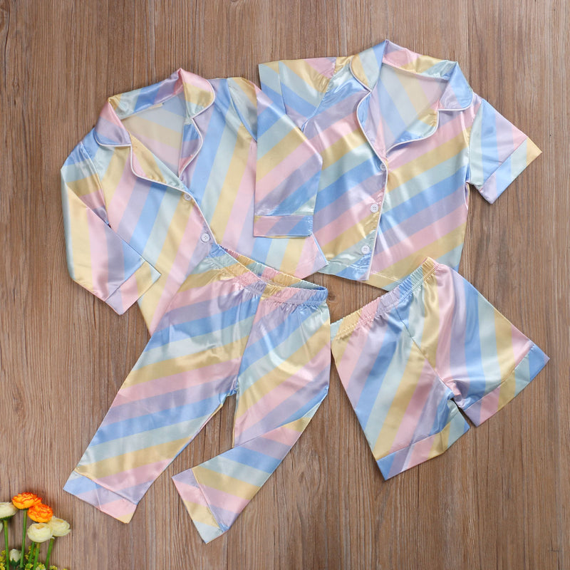 Kids Baby Boy Girl Pajamas Faux Silk Satin Rainbow Suits 2 Pcs Sets