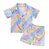 Kids Baby Boy Girl Pajamas Faux Silk Satin Rainbow Suits 2 Pcs Sets