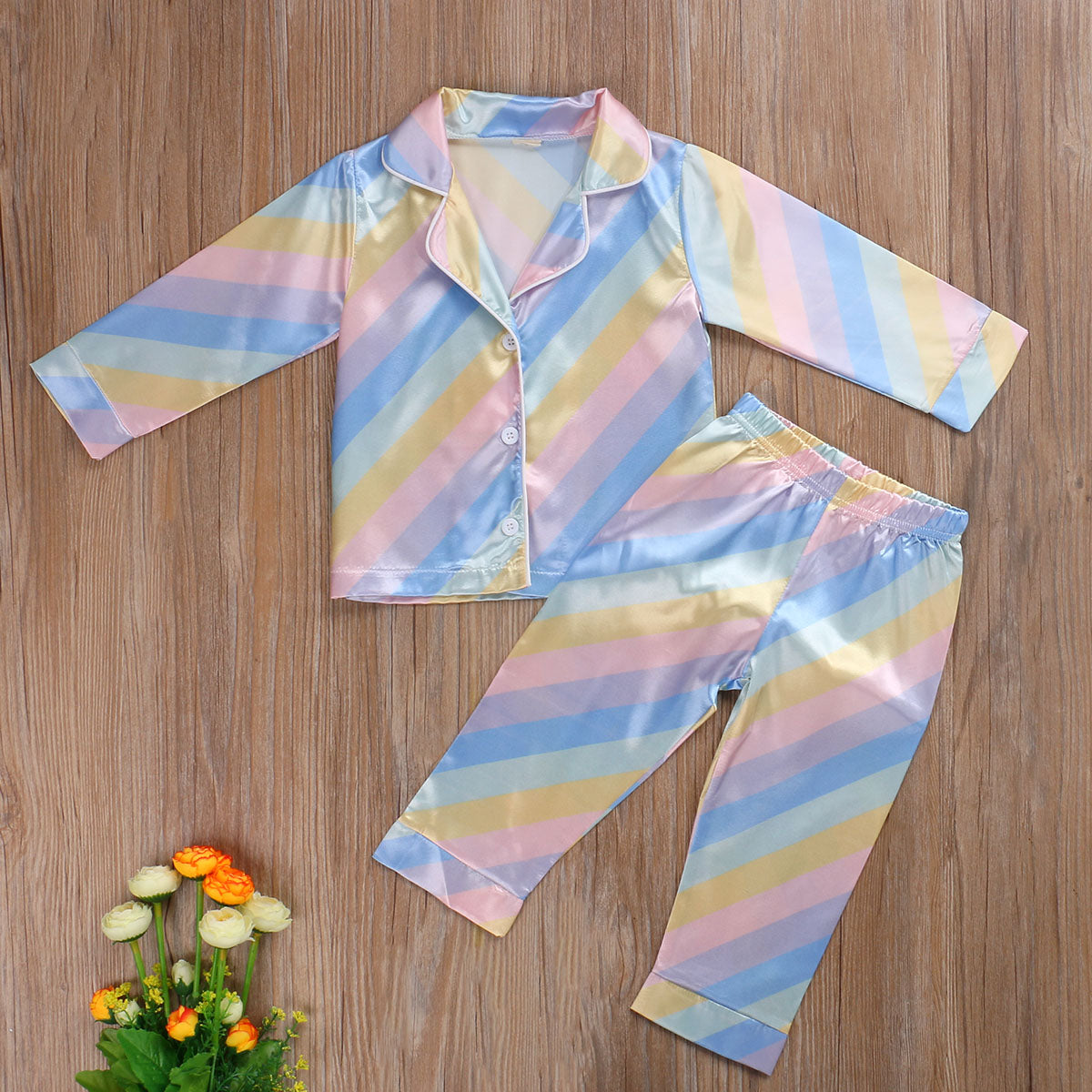 Kids Baby Boy Girl Pajamas Faux Silk Satin Rainbow Suits 2 Pcs Sets