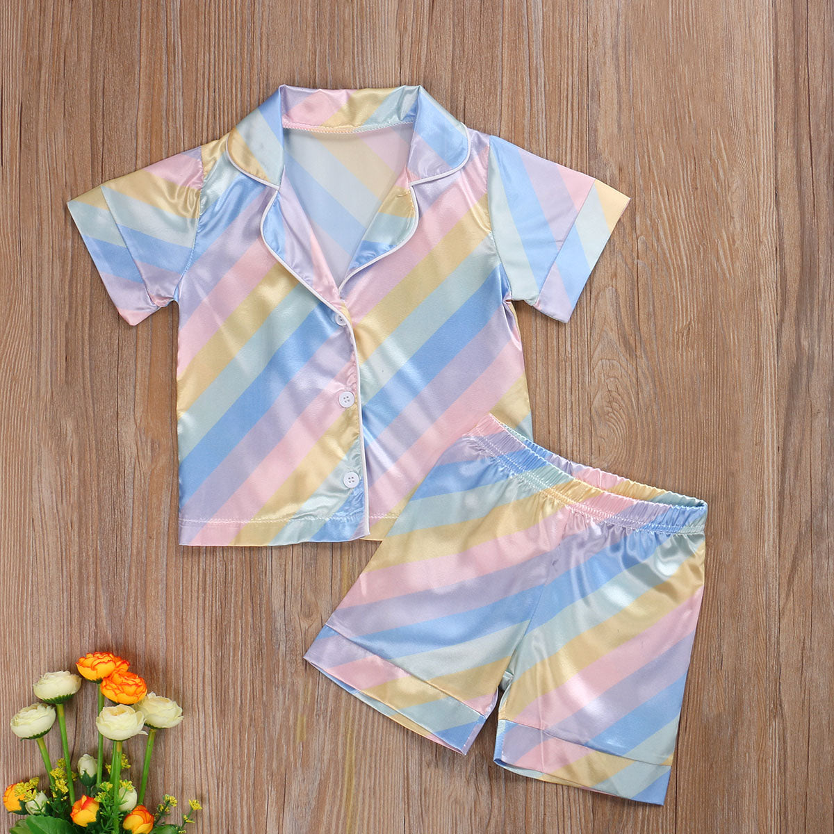 Kids Baby Boy Girl Pajamas Faux Silk Satin Rainbow Suits 2 Pcs Sets