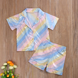 Kids Baby Boy Girl Pajamas Faux Silk Satin Rainbow Suits 2 Pcs Sets