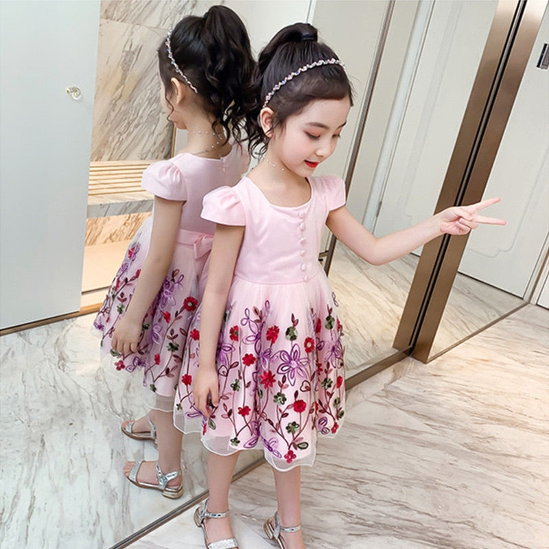 Kids Girls Elegant PrincessLace Embroidery Party Dress Flower Girl Clothes - honeylives