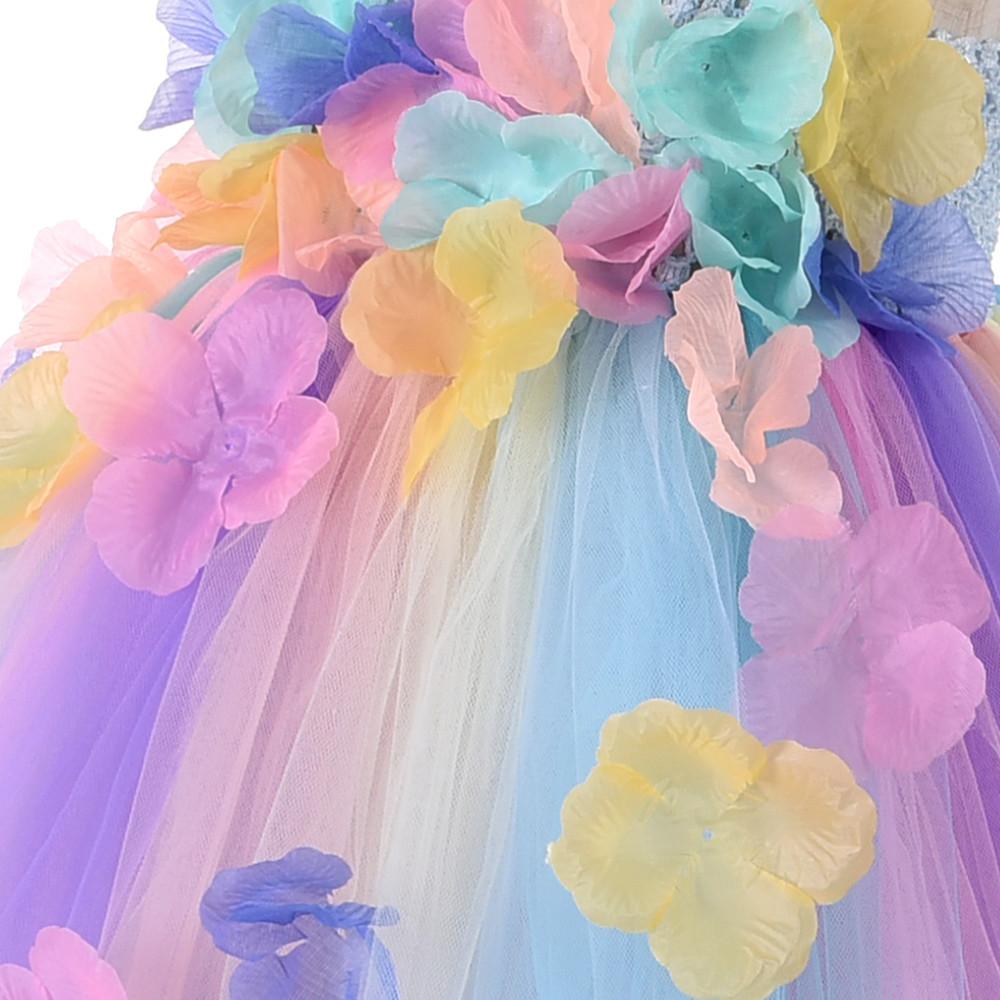 Kids Flowers Girl Unicorn Dress Rainbow Birthday Fairy Dress with Unicorn Headband - honeylives