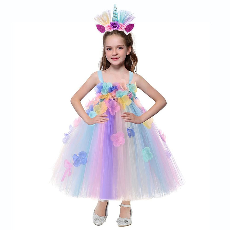 Kids Flowers Girl Unicorn Dress Rainbow Birthday Fairy Dress with Unicorn Headband - honeylives