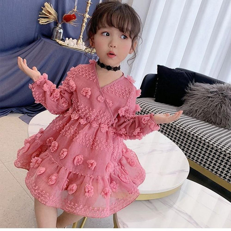 Kids Girl Rose Red V Neck Flower PrincesSolid Chiffon Dresses 3-14 Years