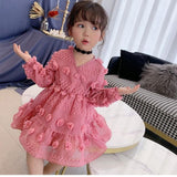 Kids Girl Rose Red V Neck Flower PrincesSolid Chiffon Dresses 3-14 Years