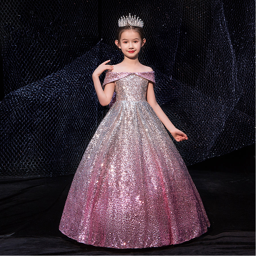 Kid Girls Prom Elegant Sequins Ball Gowns Evening Party Formal Dresses