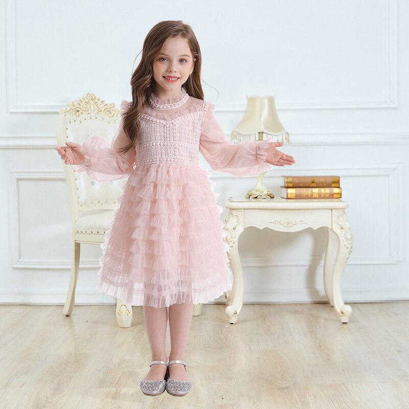 Girls Wedding Lace Long Sleeve Fairy Banquet Autumn Elegant Princess Dresses