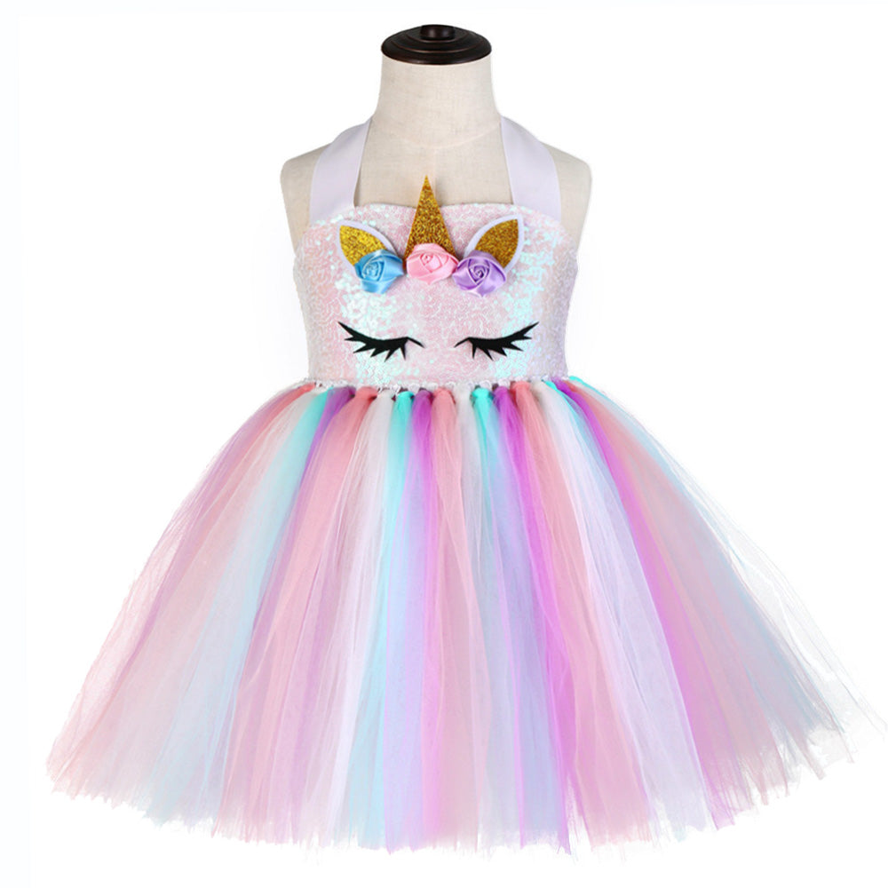Girls Dress Unicorn Birthday Tutu Dress Sequin Pastel Clothing - honeylives