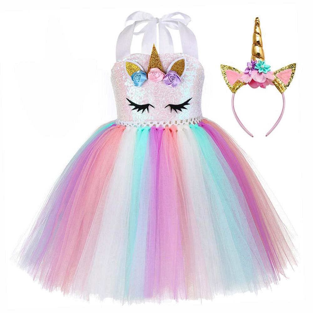 Girls Dress Unicorn Birthday Tutu Dress Sequin Pastel Clothing - honeylives