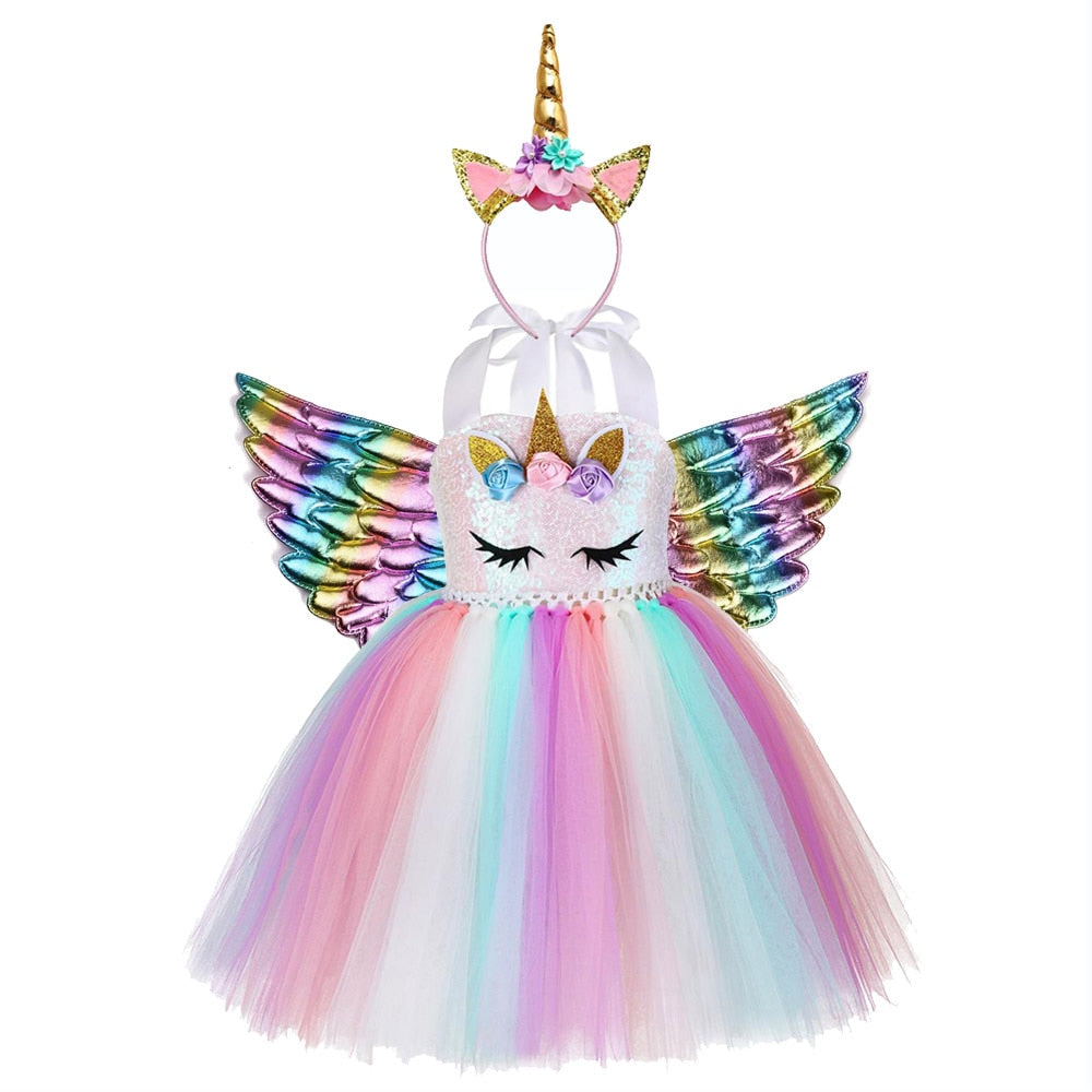 Girls Dress Unicorn Birthday Tutu Dress Sequin Pastel Clothing - honeylives