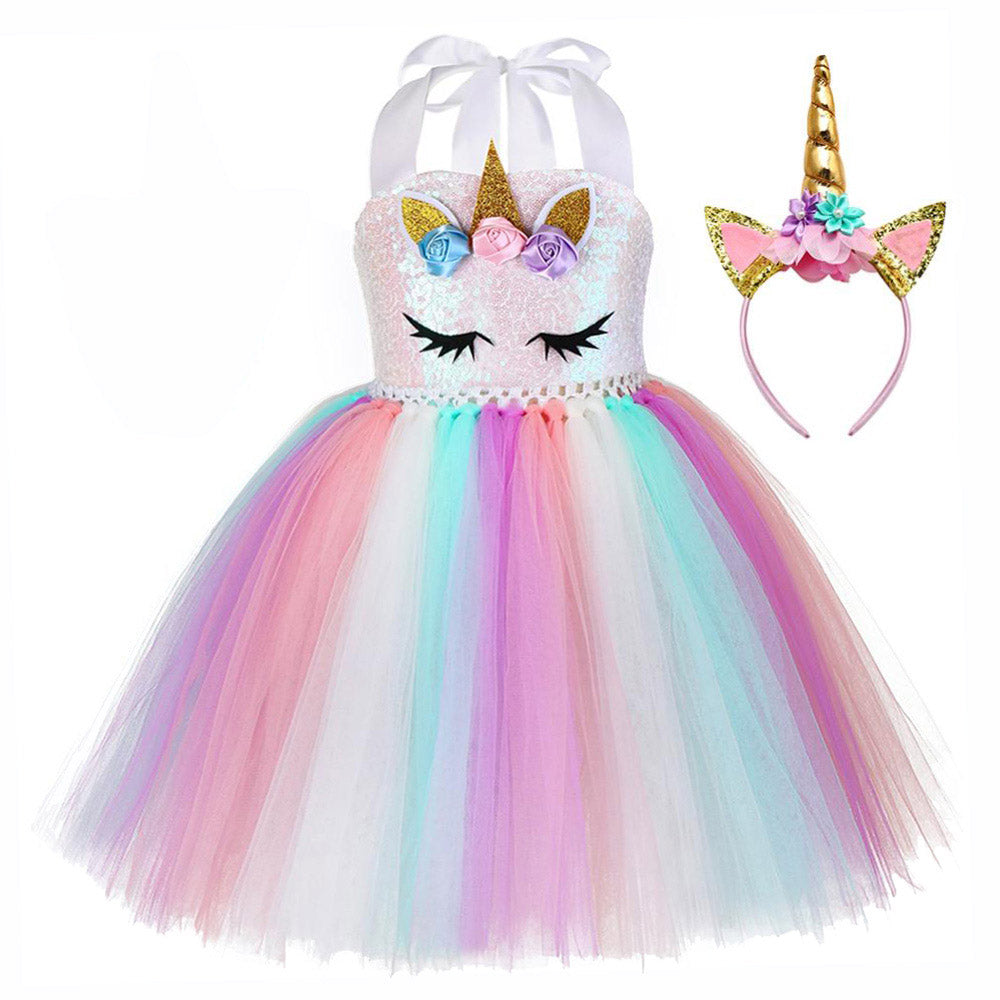 Girls Dress Unicorn Birthday Tutu Dress Sequin Pastel Clothing - honeylives