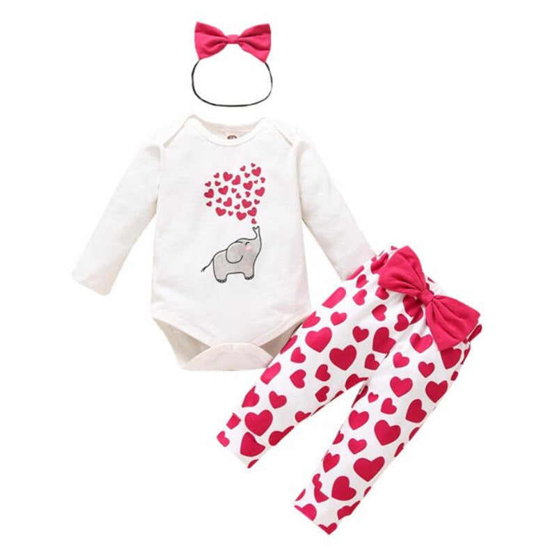 Baby Girls Suit Long-sleeve  Cotton Love Print Valentine Sets 3 Pcs