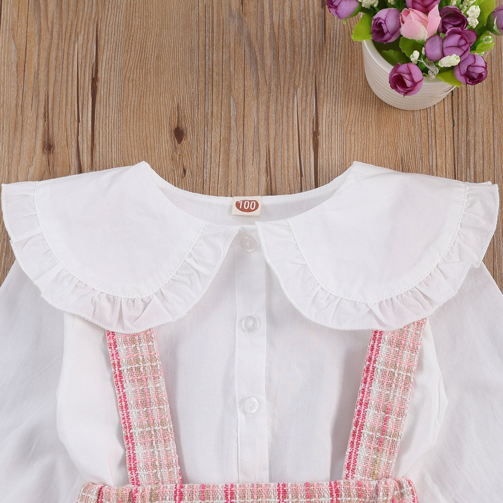 Baby Kid Girls  2pcs Suit Long Sleeve Plaid Suspender Sets