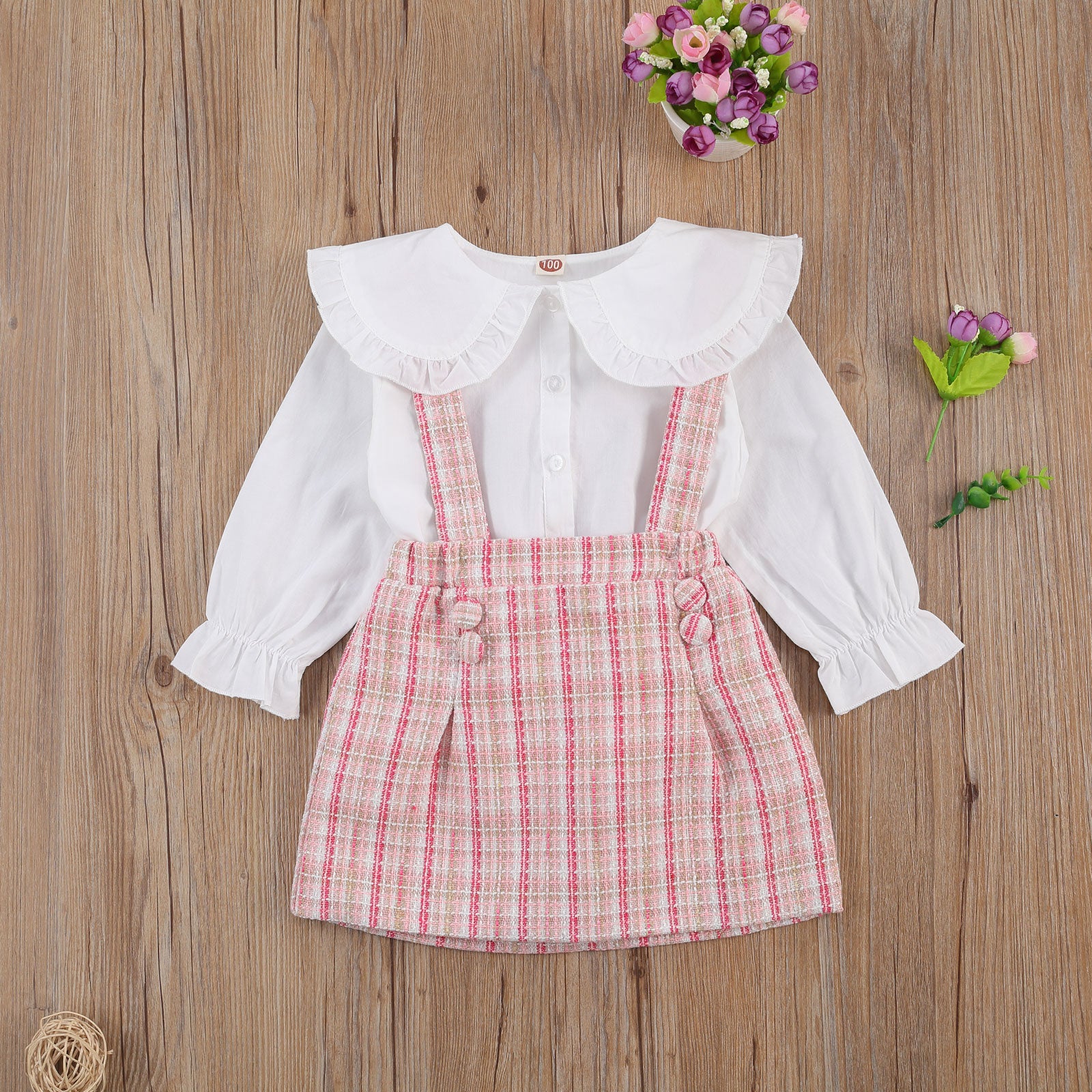 Baby Kid Girls  2pcs Suit Long Sleeve Plaid Suspender Sets