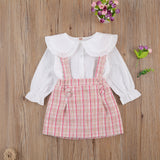 Baby Kid Girls  2pcs Suit Long Sleeve Plaid Suspender Sets