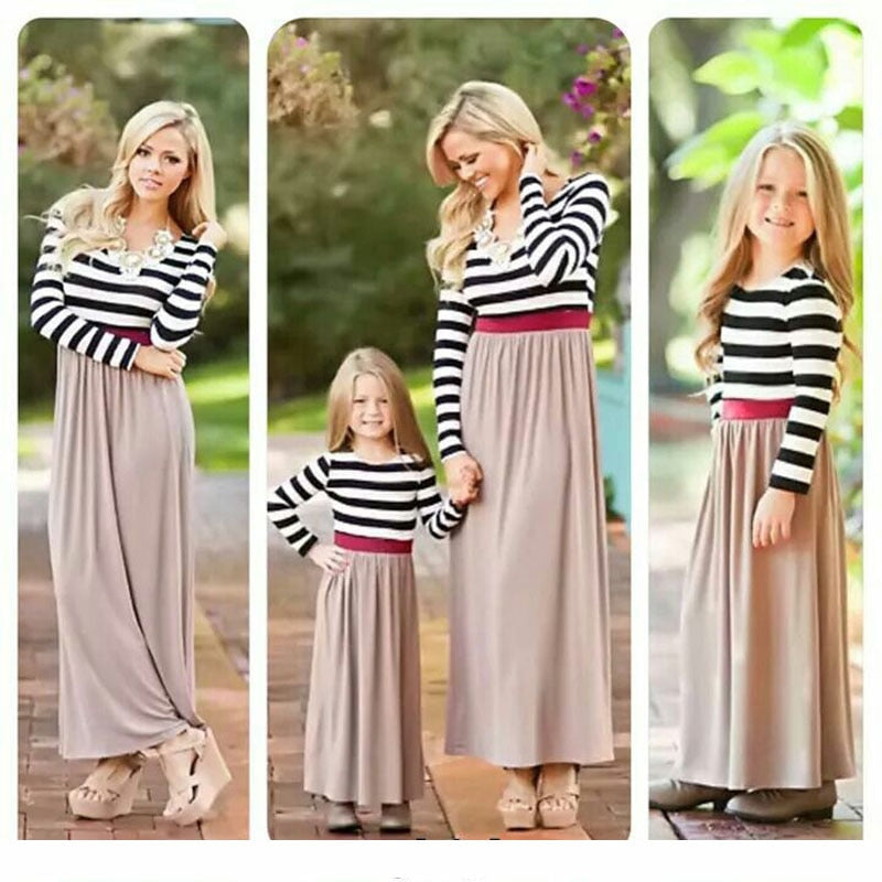 Family Matching Mother Daughter Dresses Striped Child Outfits Look
