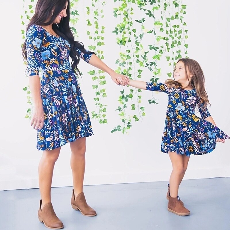 Mother Daughter Blue Floral Family Matching Mini Dress