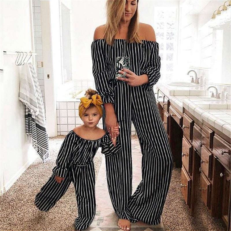 Family Matching Mother Daughter Off Shoulder Long Sleeve Striped Dress