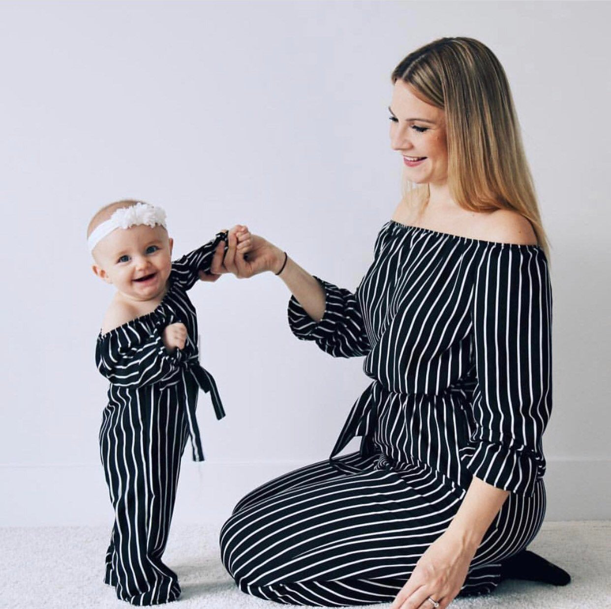 Family Matching Mother Daughter Off Shoulder Long Sleeve Striped Dress