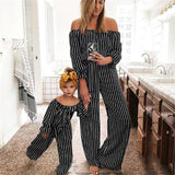 Family Matching Mother Daughter Off Shoulder Long Sleeve Striped Dress