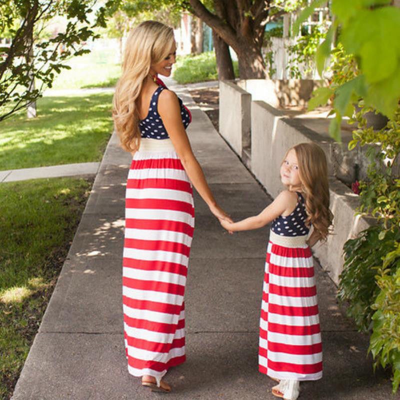 Family Matching Mother and Daughter Stripe Sleeveless Casual Dresses