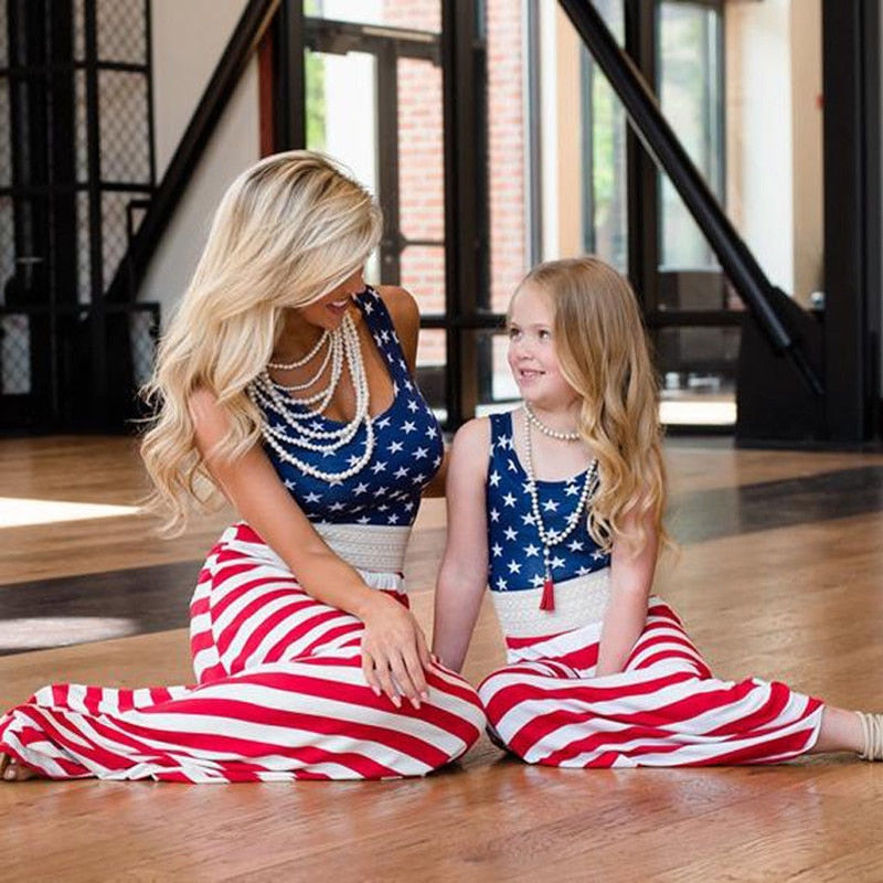 Family Matching Mother and Daughter Stripe Sleeveless Casual Dresses