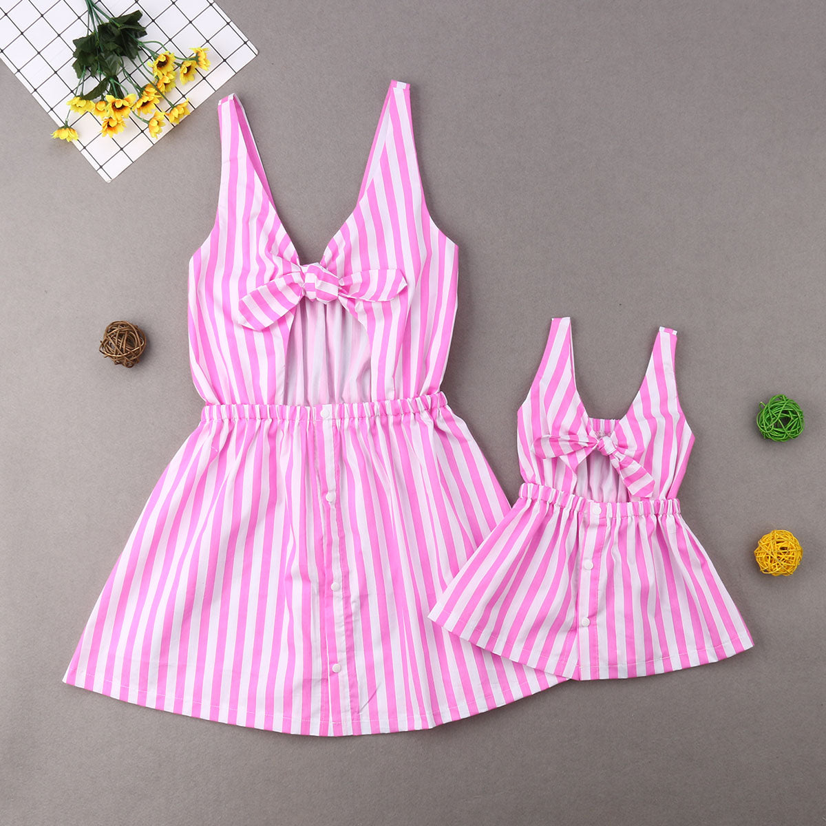 Family Matching Mother Daughter Sleeveless Stripe Beach Dress
