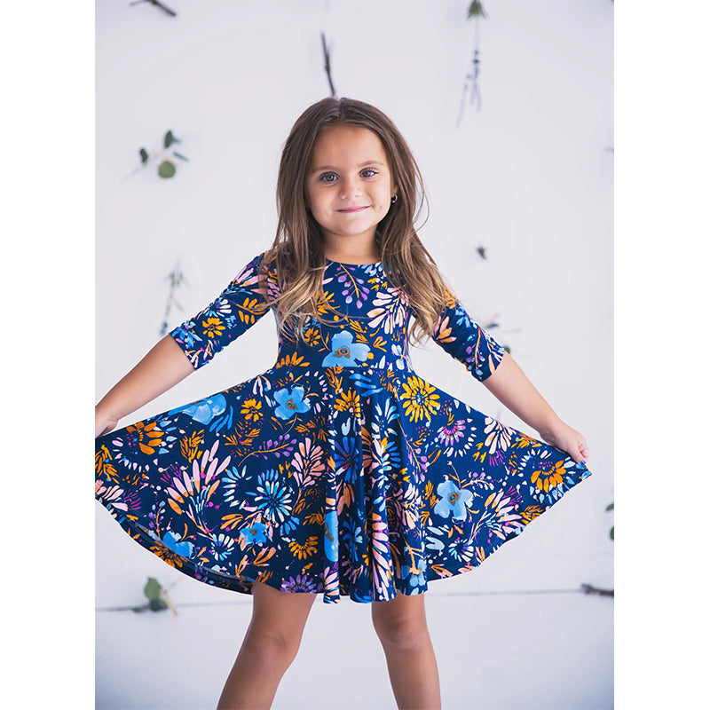 Family Matching Mom Daughter Half Sleeve Blue Dress