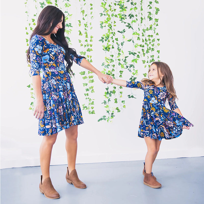 Family Matching Mom Daughter Half Sleeve Blue Dress