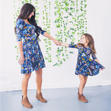 Family Matching Mom Daughter Half Sleeve Blue Dress