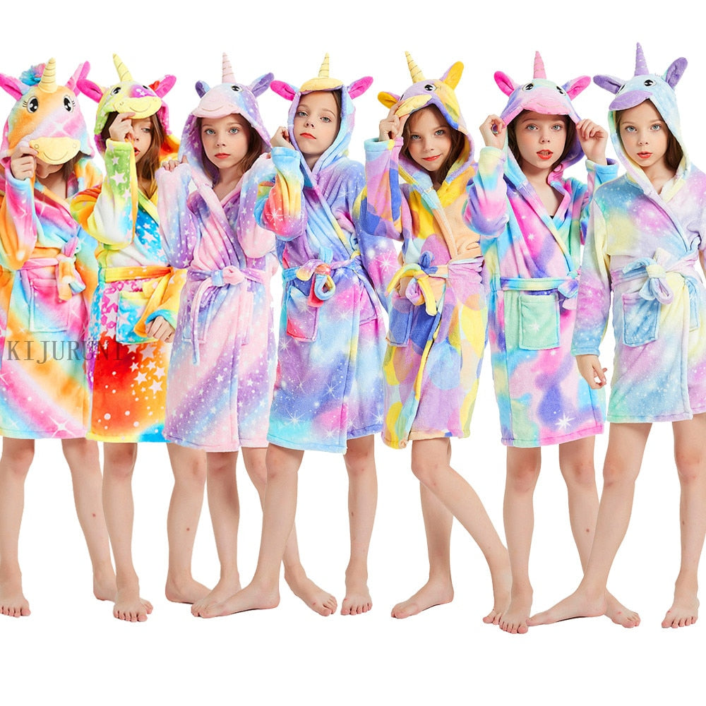 Kids Winter Hooded Bathrobe Unicorn Bath Robe Pajamas 3-12 Years
