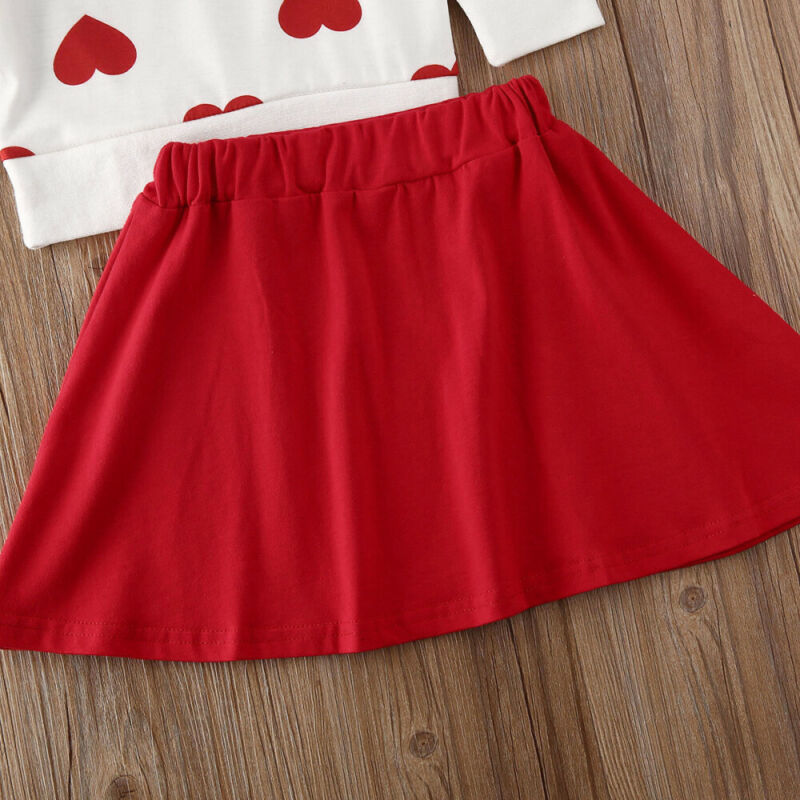 Girl Long Sleeve Love Heart Printed Valentine Skirt 2Pcs Outfits Set