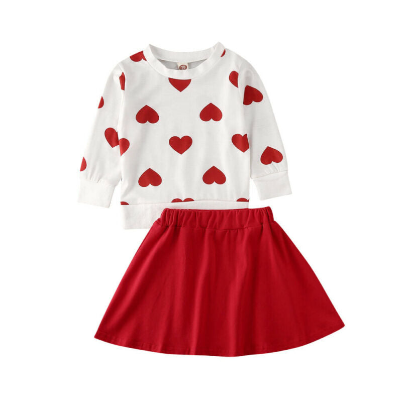 Girl Long Sleeve Love Heart Printed Valentine Skirt 2Pcs Outfits Set