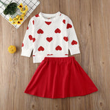 Girl Long Sleeve Love Heart Printed Valentine Skirt 2Pcs Outfits Set