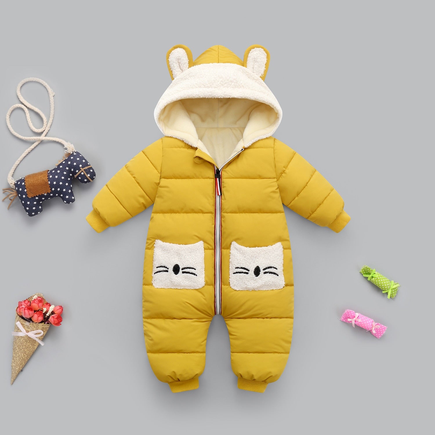 Baby Winter Hooded Rompers Thick Warm Jumpsuit Overalls