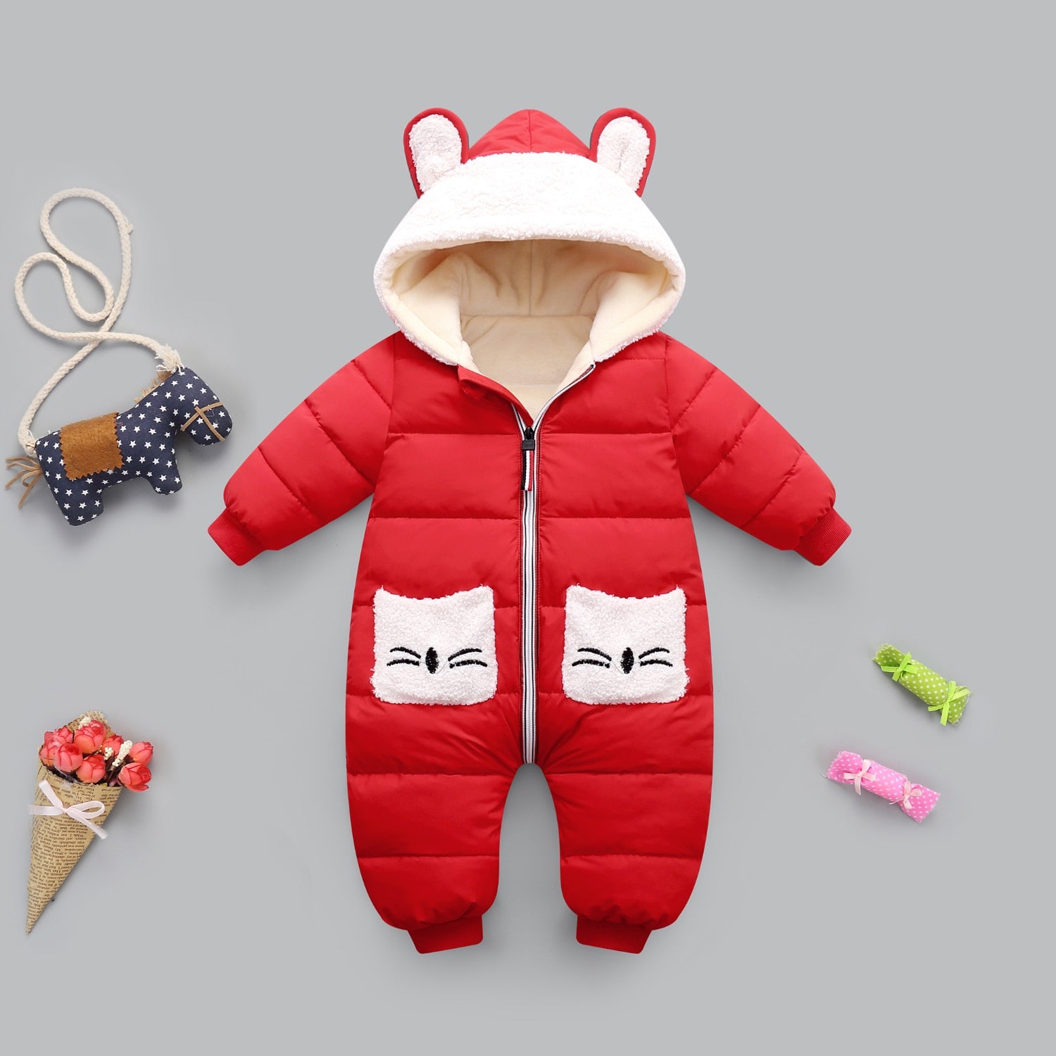 Baby Winter Hooded Rompers Thick Warm Jumpsuit Overalls