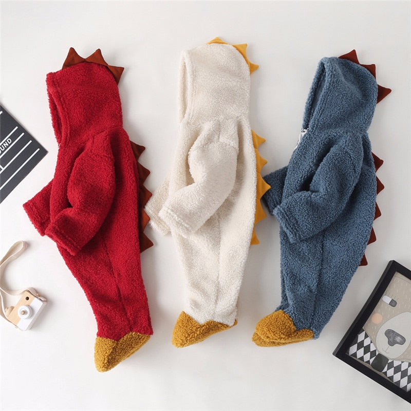 Baby Girls Cartoon Romper Dinosaur Jumpsuit Thickening Warm Coral Fleece Robe