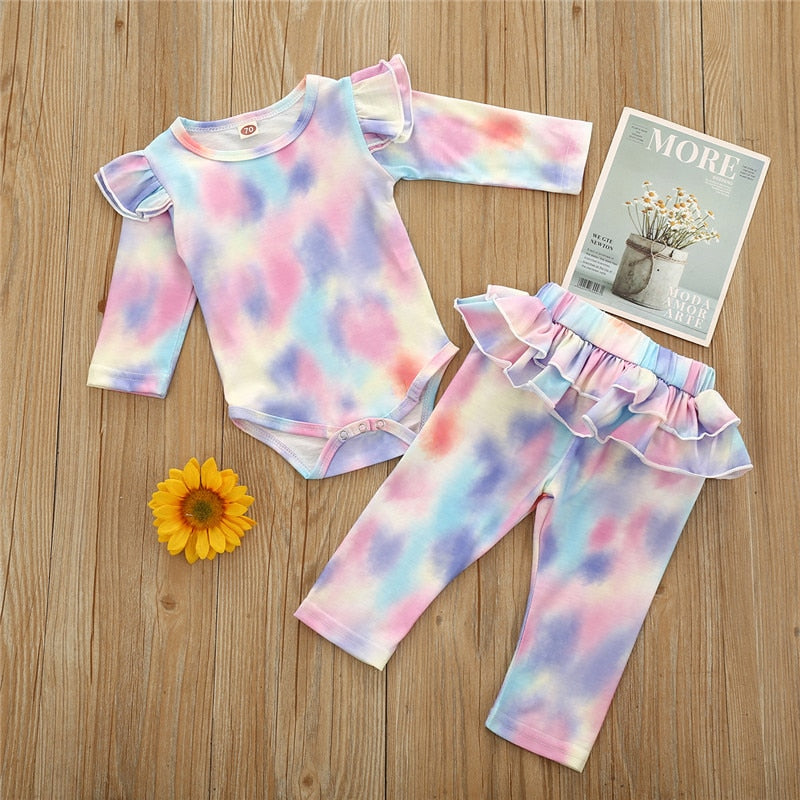 Baby Girls Clothes Set Autumn Long Sleeve Tie Dye Color Romper Outfits 0-18M