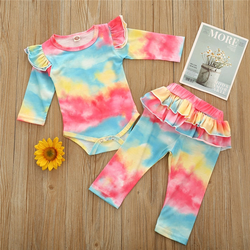 Baby Girls Clothes Set Autumn Long Sleeve Tie Dye Color Romper Outfits 0-18M