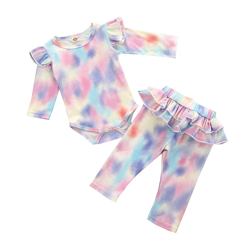Baby Girls Clothes Set Autumn Long Sleeve Tie Dye Color Romper Outfits 0-18M
