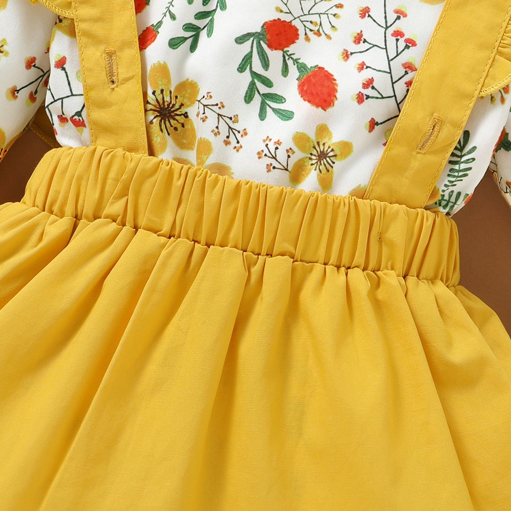 Baby Girls Long Sleeve Floral Print Tops Ruffle Suspender 2 Pcs Outfits