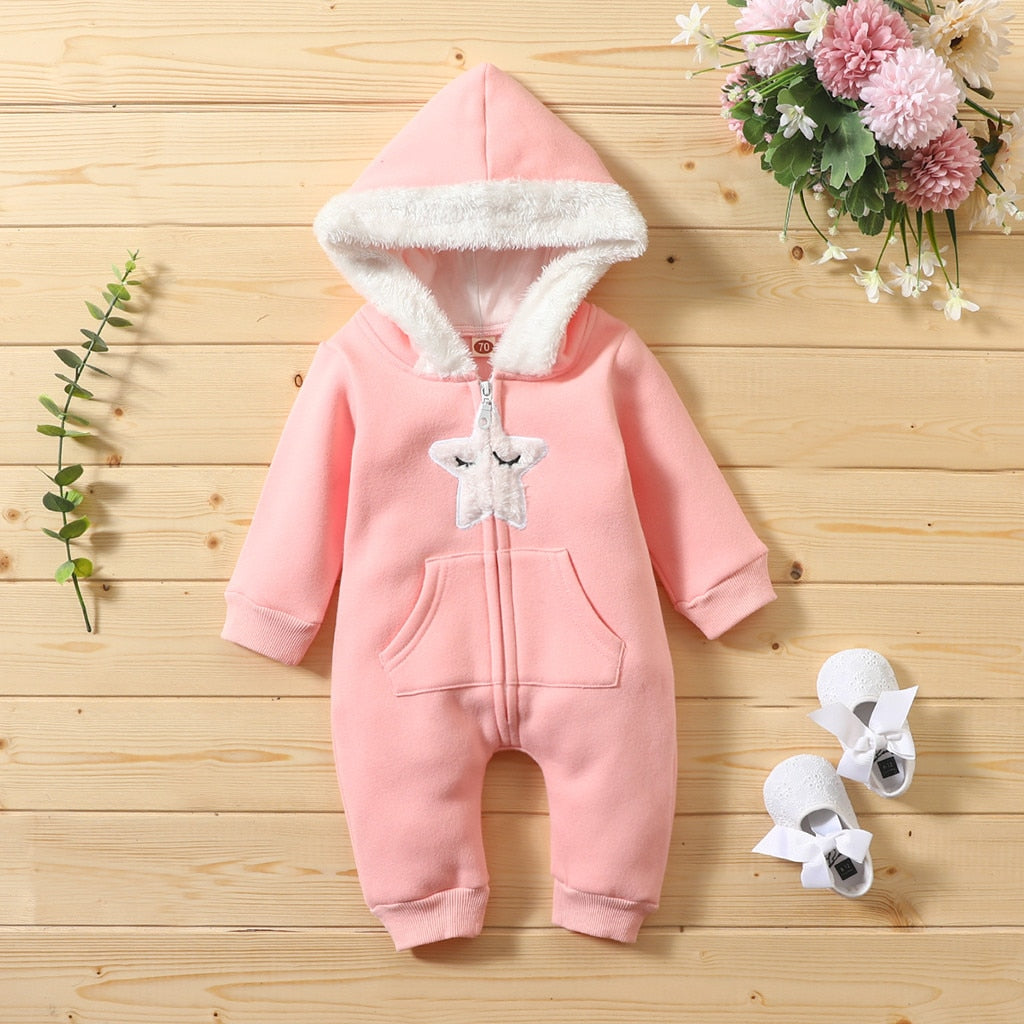 Baby Girls Winter Warm Jumpsuit Thick Romper Outfits Soft Zipper Pockets