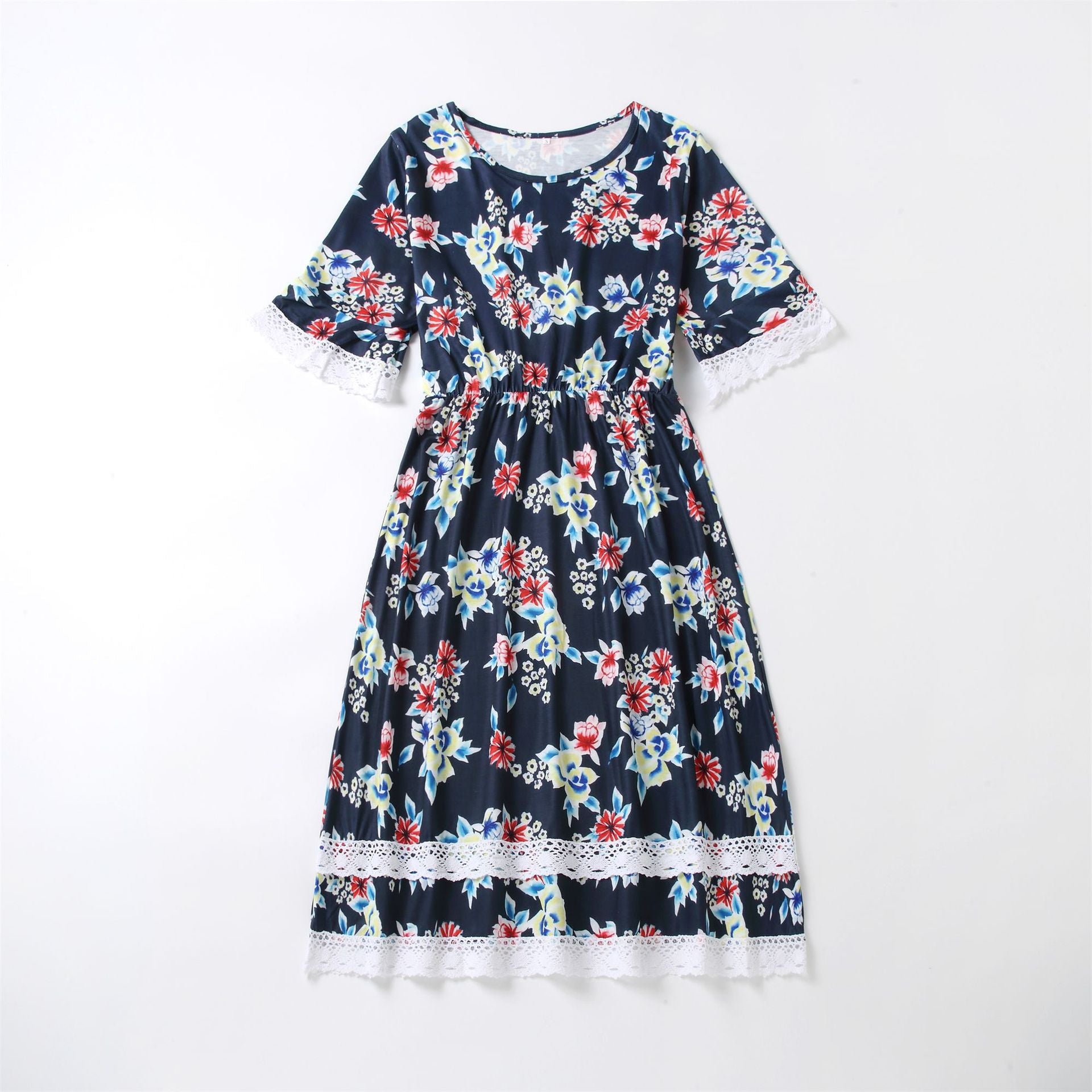 Family Matching Parent-child Flower Print Lace Stitching Dress
