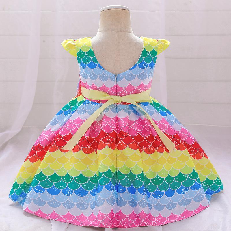 Kid Baby Girl Princess Rainbow Bow Small Flying Sleeve Piano Performance Dress