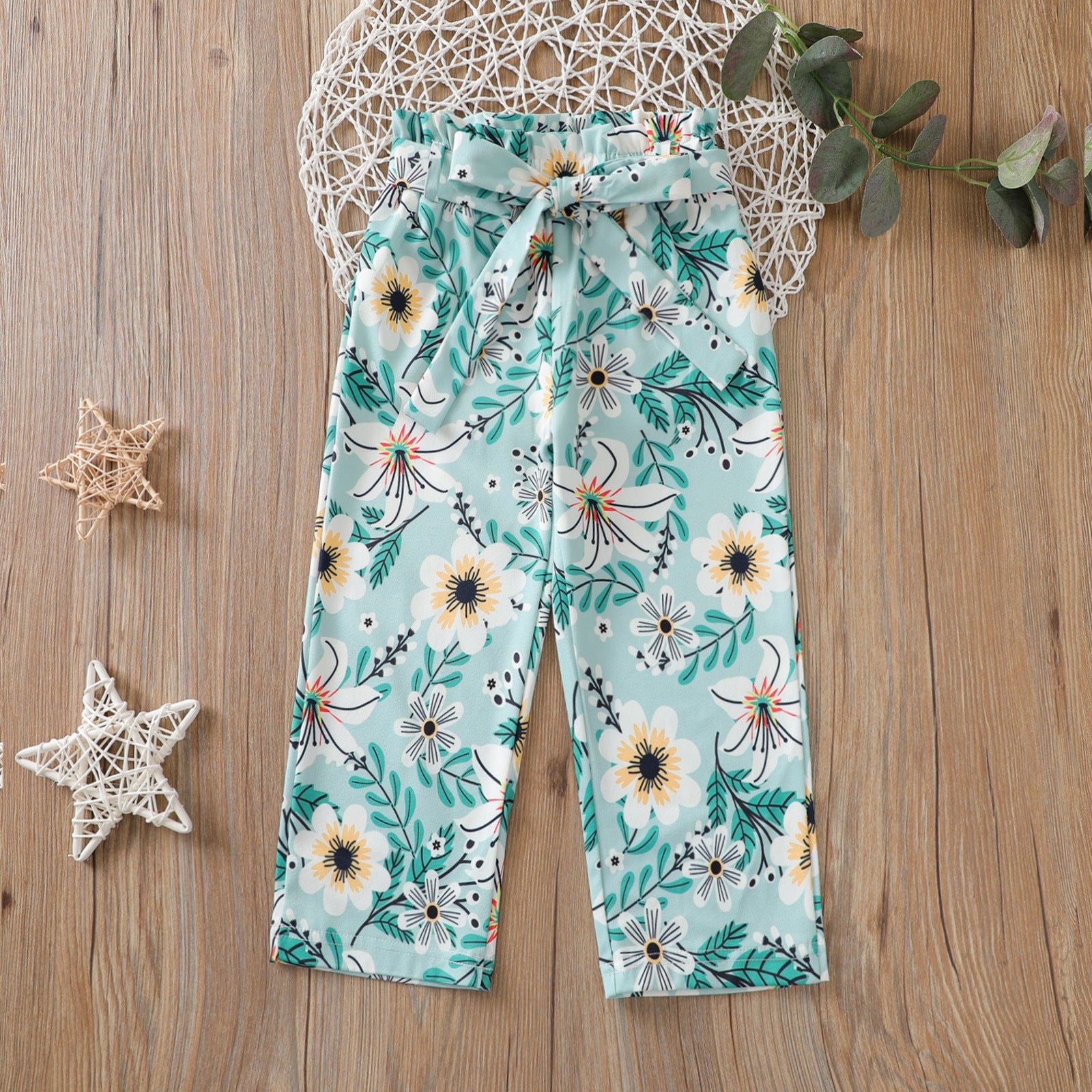 Kid Baby Girls Versatile Fashion Sunflower Lace-up Wide Leg Pants