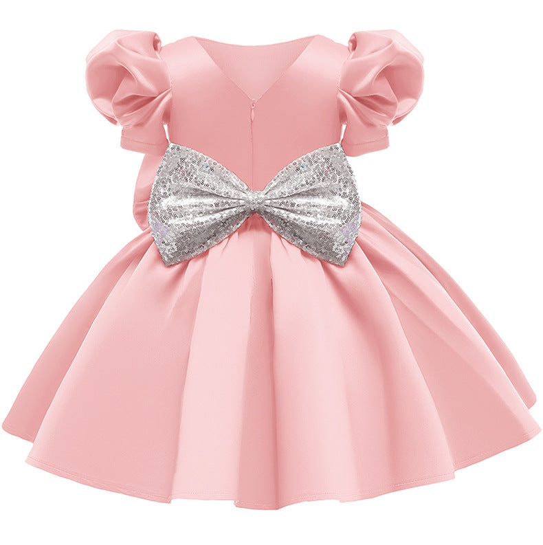 Kid Girl Princess Double Shoulder Bubble Sleeve Layer Bow Dresses