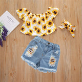 Kid Baby Girls Summer Printed One-shoulder Denim Shorts 2 Pcs Sets