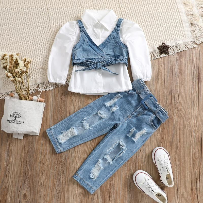 Kid Baby Girls Suit Fashion Long Sleeves Jeans Ripped 3 Pcs Sets