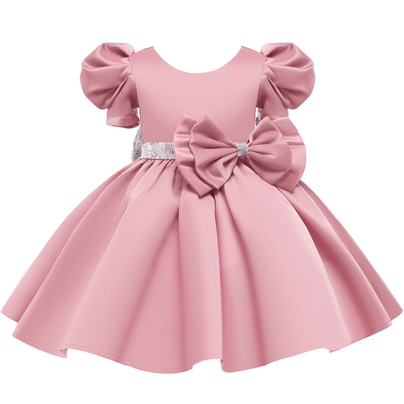 Kid Girl Princess Double Shoulder Bubble Sleeve Layer Bow Dresses